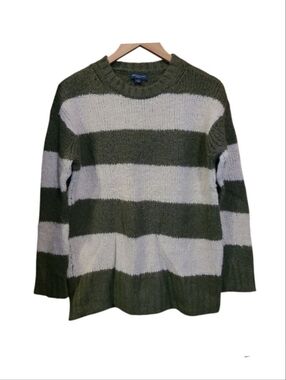 Women's AE Wool Blend Striped Sweater Medium Army Green & Cream